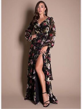 NWT Azazie Black Floral Velvet-Print Maxi Dress